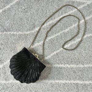 La Regale Black Beaded Shell Evening Bag Crossbody or Clutch w/ Gold Chain Strap